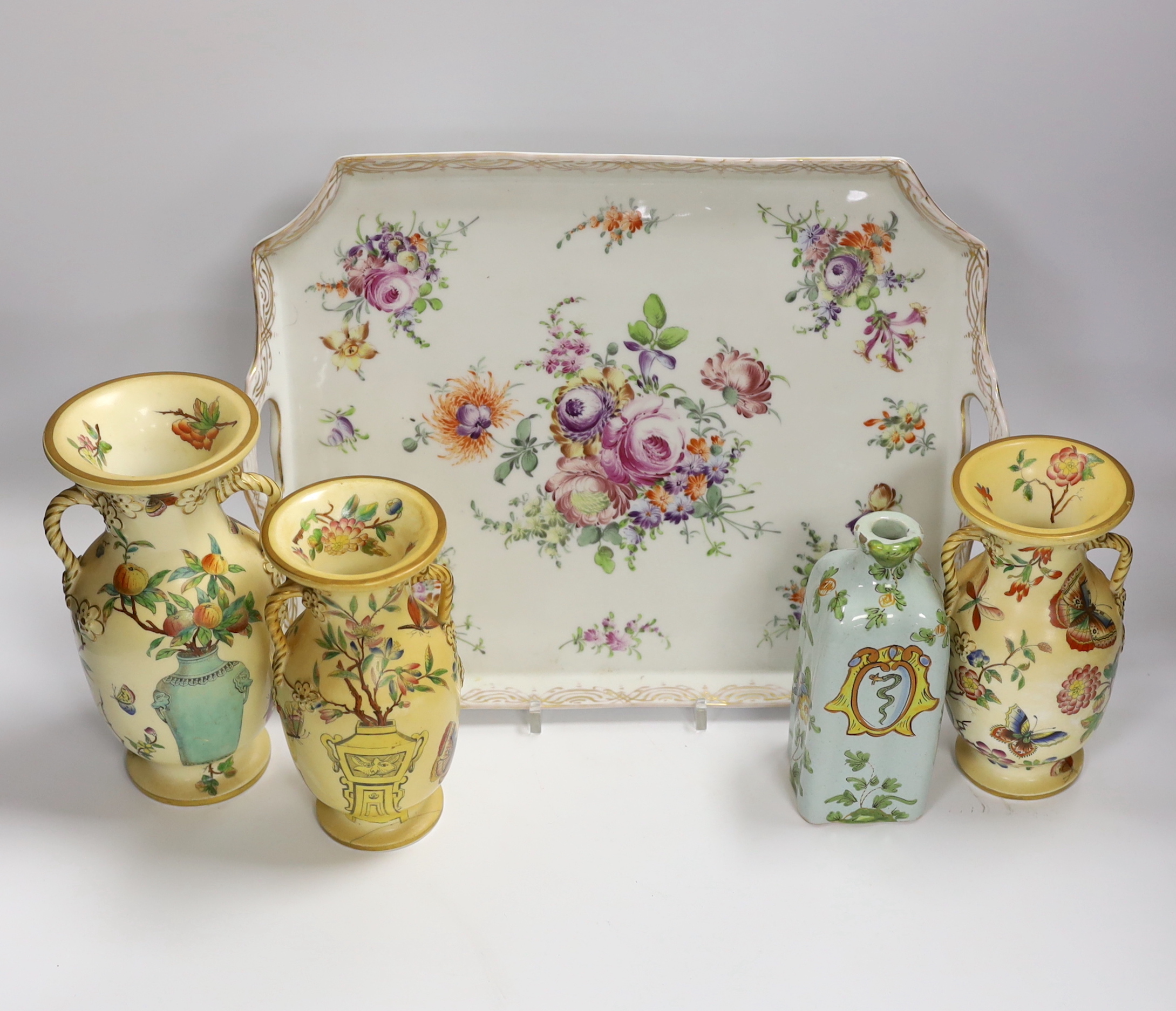 A Dresden porcelain floral dish, Cantagalli caddy and three Paris vases, largest 33cm wide